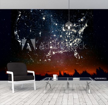 Picture of Forest sunset landscape with projection of USA map in the form of stars of the constellations of city lights Travel United States of America concept Elements of this image furnished by NASA